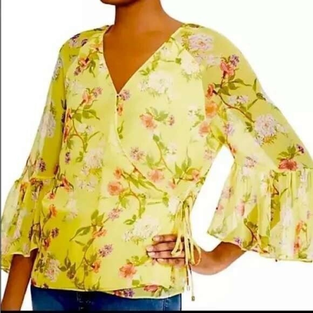 Lauren Ralph Lauren Blouse Women's Floral Wrap Georgette Side Tie Yellow Size S